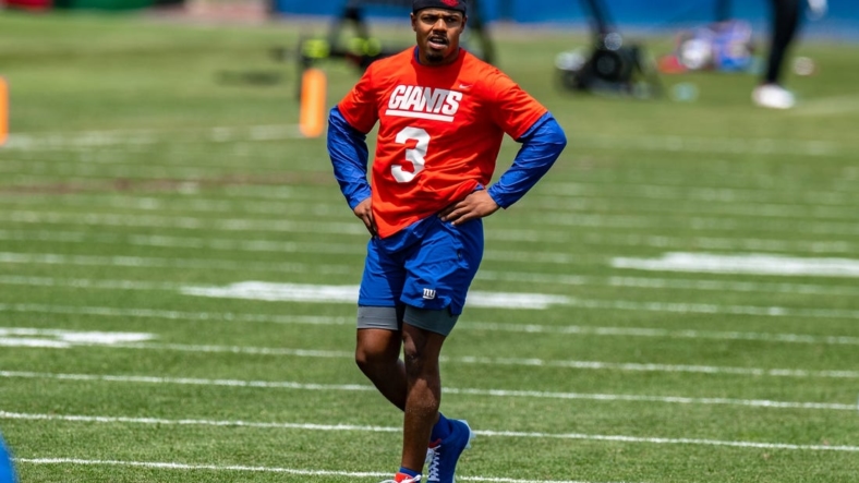 Jun 7, 2022; East Rutherford, New Jersey, USA;  New York Giants wide receiver Sterling Shepard (3) looks on during a drill during minicamp at MetLife Stadium. Mandatory Credit: John Jones-USA TODAY Sports