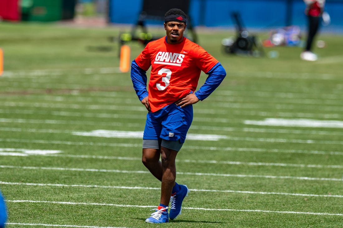 Jun 7, 2022; East Rutherford, New Jersey, USA;  New York Giants wide receiver Sterling Shepard (3) looks on during a drill during minicamp at MetLife Stadium. Mandatory Credit: John Jones-USA TODAY Sports