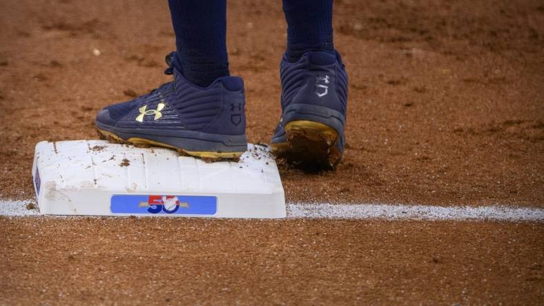 Jun 5, 2022; Arlington, Texas, USA; A view of the first base and the Rangers 50 year logo during the game between the Texas Rangers and the Seattle Mariners at Globe Life Field. Mandatory Credit: Jerome Miron-USA TODAY Sports