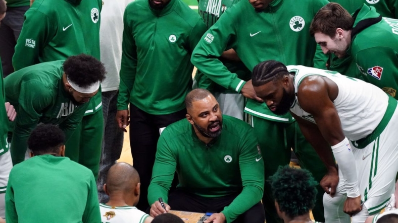 Jun 10, 2022; Boston, Massachusetts, USA; Boston Celtics head coach Ime Udoka talks with his team during a timeout  in the second quarter of game four in the 2022 NBA Finals against the Golden State Warriors at the TD Garden. Mandatory Credit: David Butler II-USA TODAY Sports