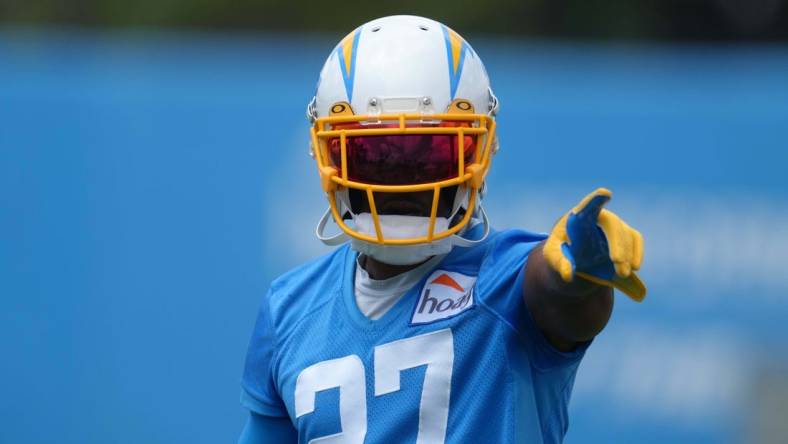 Jun 14, 2022; Costa Mesa, California, USA; Los Angeles Chargers cornerback J.C. Jackson (27) during minicamp at the Hoag Performance  Center. Mandatory Credit: Kirby Lee-USA TODAY Sports