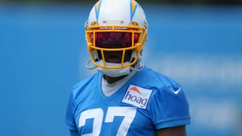 Jun 14, 2022; Costa Mesa, California, USA; Los Angeles Chargers cornerback J.C. Jackson (27) during minicamp at the Hoag Performance  Center. Mandatory Credit: Kirby Lee-USA TODAY Sports