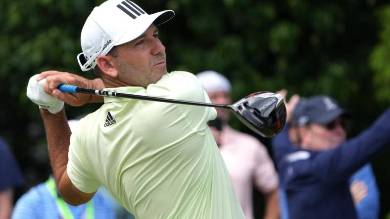 Jun 16, 2022; Brookline, Massachusetts, USA; Sergio Garcia plays his shot from the 15th tee during the first round of the U.S. Open golf tournament. Mandatory Credit: John David Mercer-USA TODAY Sports