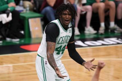 Jun 16, 2022; Boston, Massachusetts, USA; Boston Celtics center Robert Williams III (44) reacts after a foul during the first quarter of game six in the 2022 NBA Finals against the Golden State Warriors at the TD Garden. Mandatory Credit: Paul Rutherford-USA TODAY Sports