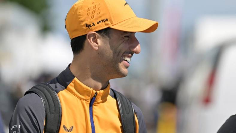 Jun 17, 2022; Montreal, Quebec, CAN; Mclaren driver Daniel Ricciardo of Australia arrives at circuit Gilles Villeneuve. Mandatory Credit: Eric Bolte-USA TODAY Sports