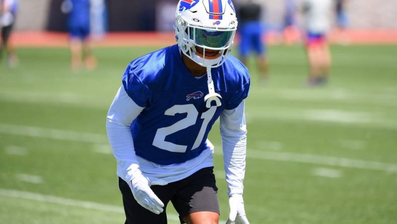 Jun 14, 2022; Orchard Park, New York, USA; Buffalo Bills safety Jordan Poyer (21) during minicamp at the ADPRO Sports Training Center. Mandatory Credit: Rich Barnes-USA TODAY Sports