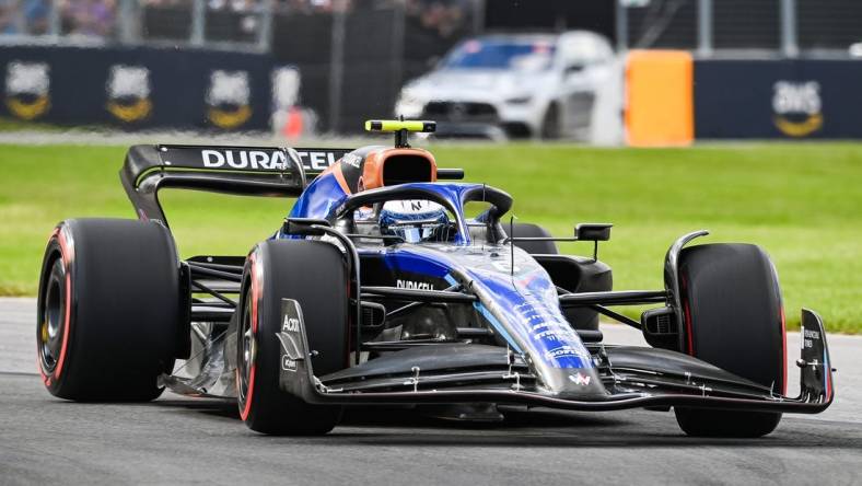 Jun 17, 2022; Montreal, Quebec, CAN; Williams driver Nicholas Latifi of Canada races in the Senna turns during the second free practice session at Circuit Gilles Villeneuve. Mandatory Credit: David Kirouac-USA TODAY Sports