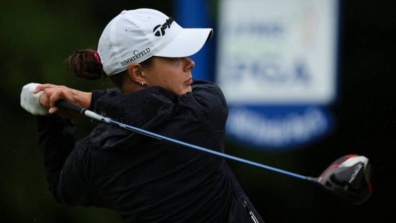 Jun 23, 2022; Bethesda, Maryland, USA; Esther Henseleit plays her shot from the 11th tee during the first round of the KPMG Women's PGA Championship golf tournament at Congressional Country Club. Mandatory Credit: Scott Taetsch-USA TODAY Sports