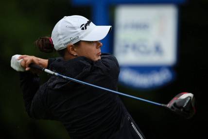 Jun 23, 2022; Bethesda, Maryland, USA; Esther Henseleit plays her shot from the 11th tee during the first round of the KPMG Women's PGA Championship golf tournament at Congressional Country Club. Mandatory Credit: Scott Taetsch-USA TODAY Sports