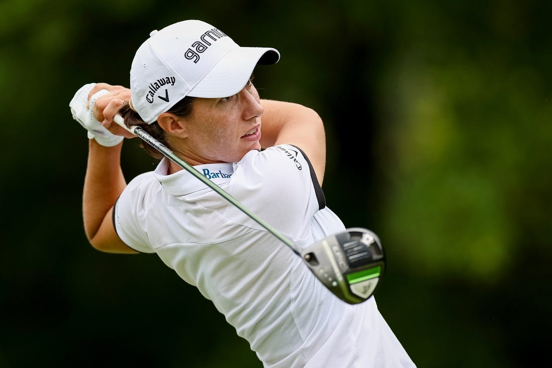 Jun 23, 2022; Bethesda, Maryland, USA; Carlota Ciganda plays her shot from the 11th tee during the first round of the KPMG Women's PGA Championship golf tournament at Congressional Country Club. Mandatory Credit: Scott Taetsch-USA TODAY Sports