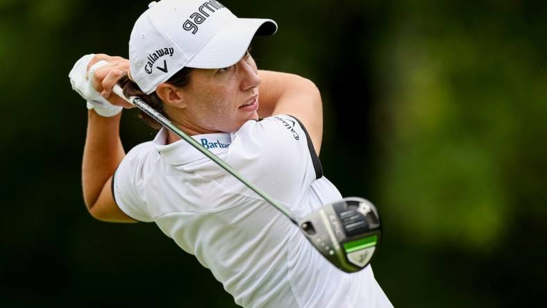 Jun 23, 2022; Bethesda, Maryland, USA; Carlota Ciganda plays her shot from the 11th tee during the first round of the KPMG Women's PGA Championship golf tournament at Congressional Country Club. Mandatory Credit: Scott Taetsch-USA TODAY Sports