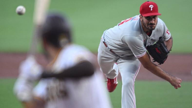 Jun 25, 2022; San Diego, California, USA; Philadelphia Phillies starting pitcher Zach Eflin (56) throws a pitch against the San Diego Padres during the first inning at Petco Park. Mandatory Credit: Orlando Ramirez-USA TODAY Sports