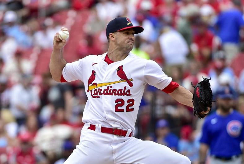 Jun 26, 2022; St. Louis, Missouri, USA;  St. Louis Cardinals starting pitcher Jack Flaherty (22) pitches against the Chicago Cubs during the first inning at Busch Stadium. Mandatory Credit: Jeff Curry-USA TODAY Sports
