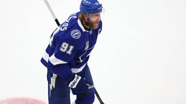 Jun 26, 2022; Tampa, Florida, USA; Tampa Bay Lightning center Steven Stamkos (91) reacts after scoring a goal in the first period in game six of the 2022 Stanley Cup Final at Amalie Arena. Mandatory Credit: Mark J. Rebilas-USA TODAY Sports