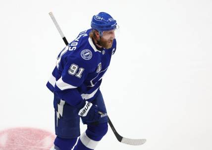 Jun 26, 2022; Tampa, Florida, USA; Tampa Bay Lightning center Steven Stamkos (91) reacts after scoring a goal in the first period in game six of the 2022 Stanley Cup Final at Amalie Arena. Mandatory Credit: Mark J. Rebilas-USA TODAY Sports