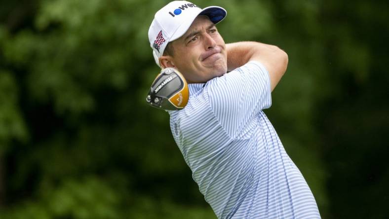 Jul 1, 2022; Silvis, Illinois, USA; Justin Lower tees off on the second tee during the the second round of the John Deere Classic golf tournament. Mandatory Credit: Marc Lebryk-USA TODAY Sports