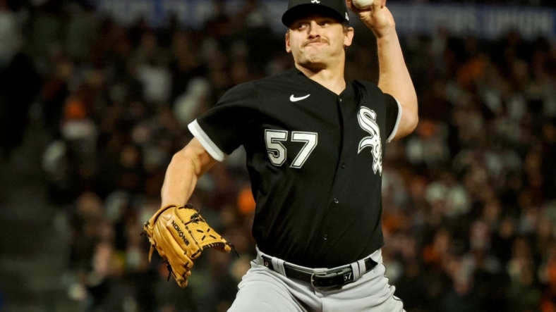 Jul 1, 2022; San Francisco, California, USA; Chicago White Sox relief pitcher Tanner Banks (57) throws against the San Francisco Giants during the eighth inning at Oracle Park. Mandatory Credit: Kelley L Cox-USA TODAY Sports