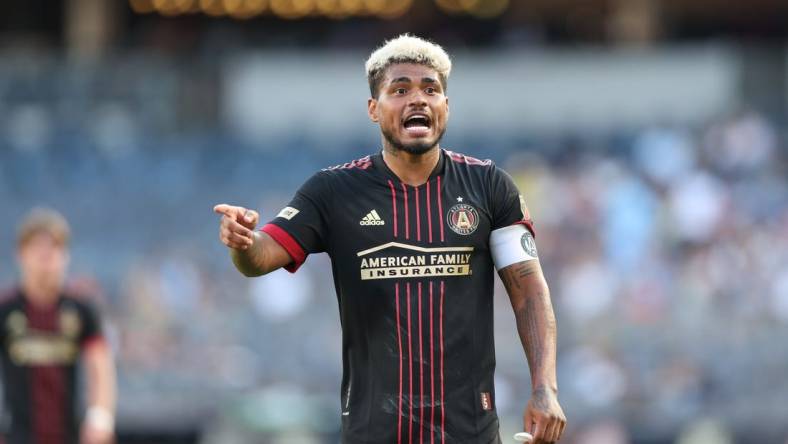 Jul 3, 2022; New York, New York, USA; Atlanta United forward Josef Martinez (7) reacts during the second half against New York City FC at Yankee Stadium. Mandatory Credit: Vincent Carchietta-USA TODAY Sports