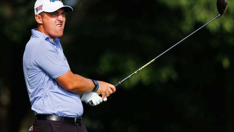 Jul 7, 2022; Nicholasville, Kentucky, USA; Justin Lower watches his shot from the third tee during the first round of the Barbasol Championship golf tournament. Mandatory Credit: Jordan Prather-USA TODAY Sports