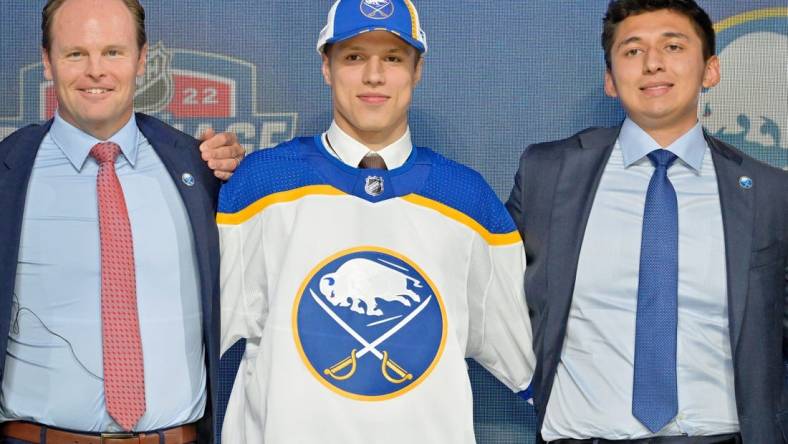 Jul 7, 2022; Montreal, Quebec, CANADA; Jiri Kulich after being selected as the number twenty-eight overall pick to the Buffalo Sabres in the first round of the 2022 NHL Draft at Bell Centre. Mandatory Credit: Eric Bolte-USA TODAY Sports