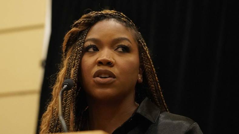 Jul 8, 2022; Chicago, IL, USA; Cherelle Griner spouse of Brittney Griner  during a press conference  addressing the detention of Brittney Griner in Russia at Hyatt Regency at McCormick Place. Mandatory Credit: David Banks-USA TODAY Sports