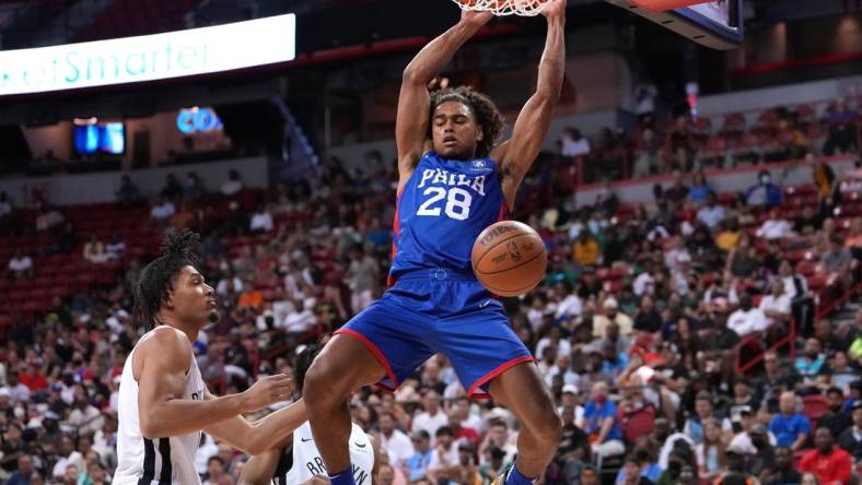 Jul 10, 2022; Las Vegas, NV, USA; Philadelphia 76ers guard Malik Ellison (28) dunks against the Brooklyn Nets during an NBA Summer League game at Thomas & Mack Center. Mandatory Credit: Stephen R. Sylvanie-USA TODAY Sports