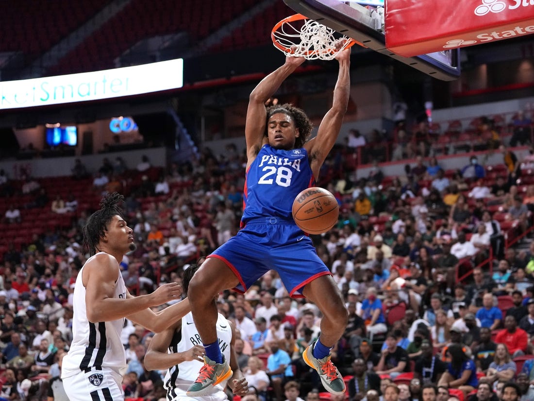 Jul 10, 2022; Las Vegas, NV, USA; Philadelphia 76ers guard Malik Ellison (28) dunks against the Brooklyn Nets during an NBA Summer League game at Thomas & Mack Center. Mandatory Credit: Stephen R. Sylvanie-USA TODAY Sports