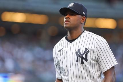 Jul 13, 2022; Bronx, New York, USA; New York Yankees starting pitcher Luis Severino (40) walks off the field after the second inning against the Cincinnati Reds at Yankee Stadium. Mandatory Credit: Vincent Carchietta-USA TODAY Sports