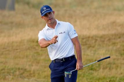 Jul 15, 2022; St. Andrews, SCT; Billy Horschel reacts after a shot on the 17th hole during the second round of the 150th Open Championship golf tournament at St. Andrews Old Course. Mandatory Credit: Michael Madrid-USA TODAY Sports
