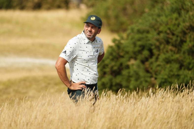 Jul 16, 2022; St. Andrews, SCT; Sergio Garcia reacts after his second shot on the 13th hole during the third round of the 150th Open Championship golf tournament. Mandatory Credit: Rob Schumacher-USA TODAY Sports