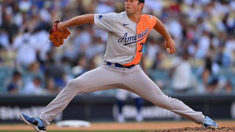 Jul 16, 2022; Los Angeles, CA, USA; American League Futures relief pitcher Ken Waldichuk (30) throws to the plate for the final out of the seventh inning of the All Star-Futures Game at Dodger Stadium. Mandatory Credit: Jayne Kamin-Oncea-USA TODAY Sports