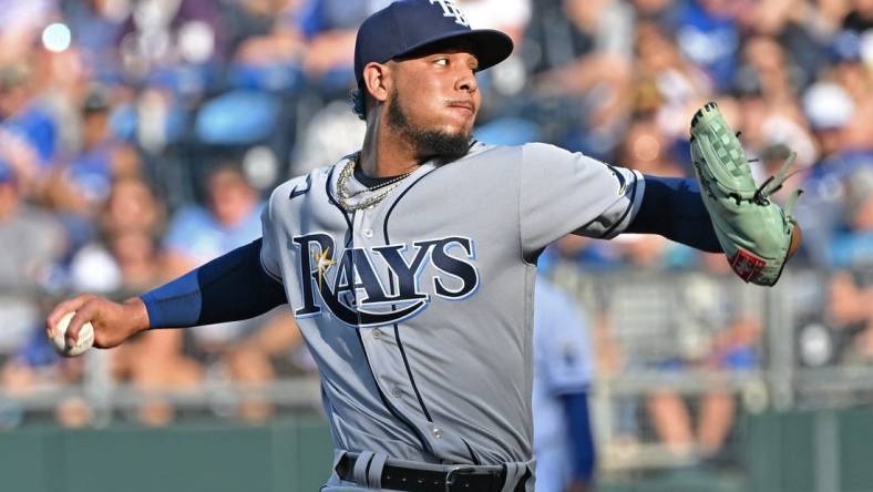 Jul 23, 2022; Kansas City, Missouri, USA;  Tampa Bay Rays starting pitcher Luis Patino (1) delivers against the Kansas City Royals during the first inning at Kauffman Stadium. Mandatory Credit: Peter Aiken-USA TODAY Sports