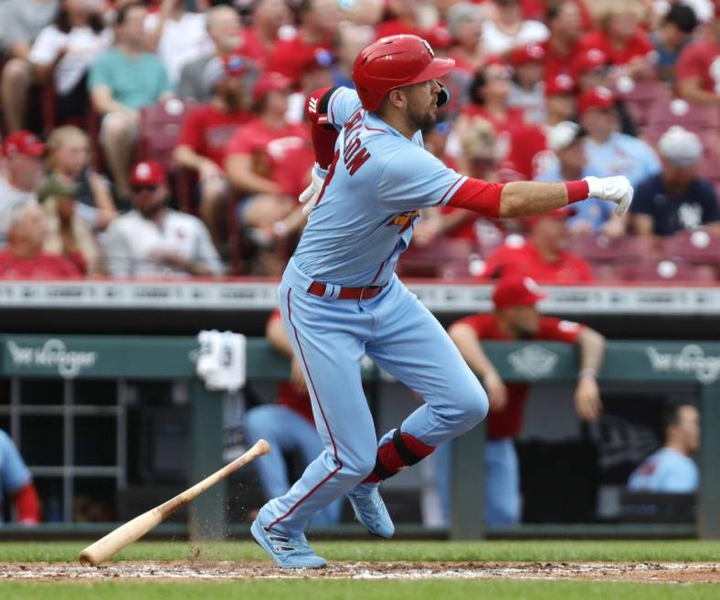 Jul 23, 2022; Cincinnati, Ohio, USA; St. Louis Cardinals center fielder Dylan Carlson (3) runs after hitting a double against the Cincinnati Reds during the third inning at Great American Ball Park. Mandatory Credit: David Kohl-USA TODAY Sports