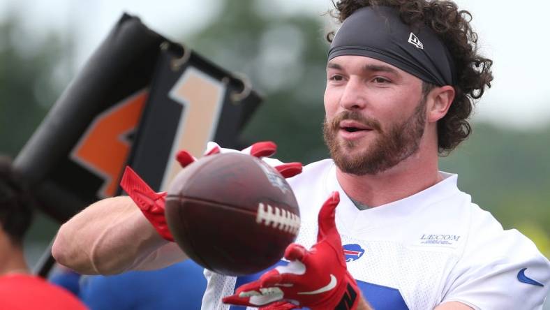 Tight end Dawson Knox eyes in a pass on the opening day of the Buffalo Bills training camp at St. John Fisher University in Rochester Sunday, July 24, 2022.

Sd 072422 Bills Camp 22 Spts