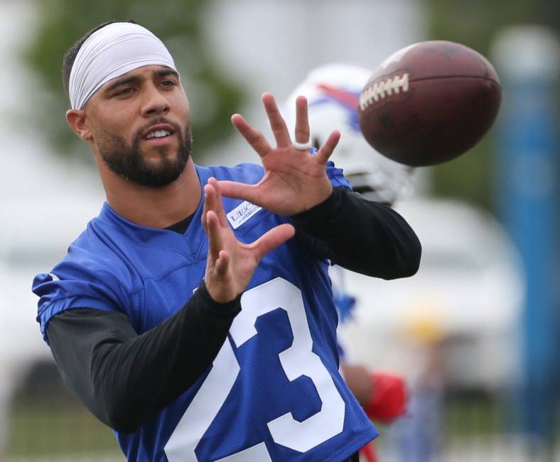 Safety Micah Hyde eyes in the ball on the opening day of the Buffalo Bills training camp at St. John Fisher University in Rochester Sunday, July 24, 2022.

Sd 072422 Bills Camp 16 Spts