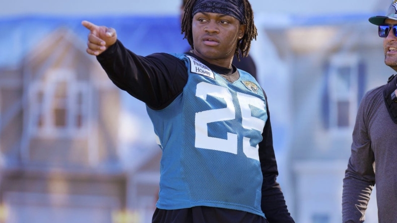 Jacksonville Jaguars running back James Robinson (25) was in uniform and doing light drills at Monday morning's training camp session. The Jacksonville Jaguars held their first day of training camp Monday, July 25, 2022 at the Episcopal High School Knight Campus practice fields on Atlantic Blvd. [Bob Self/Florida Times-Union]Robinson