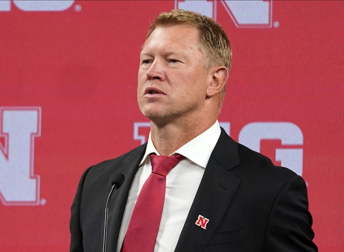 Jul 26, 2022; Indianapolis, IN, USA;  Nebraska Cornhuskers head coach Scott Frost talks to the media during Big 10 football media days at Lucas Oil Stadium. Mandatory Credit: Robert Goddin-USA TODAY Sports