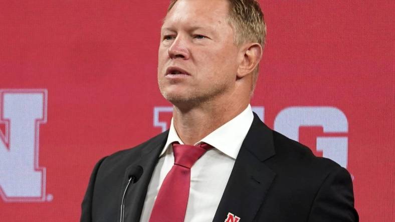 Jul 26, 2022; Indianapolis, IN, USA;  Nebraska Cornhuskers head coach Scott Frost talks to the media during Big 10 football media days at Lucas Oil Stadium. Mandatory Credit: Robert Goddin-USA TODAY Sports