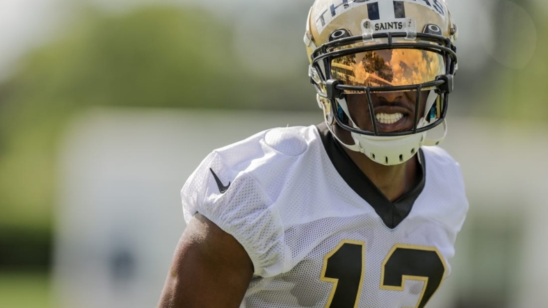 Jul 27, 2022; Metairie, LA, USA; New Orleans Saints wide receiver Michael Thomas (13) during training camp at Ochsner Sports Performance Center. Mandatory Credit: Stephen Lew-USA TODAY Sports