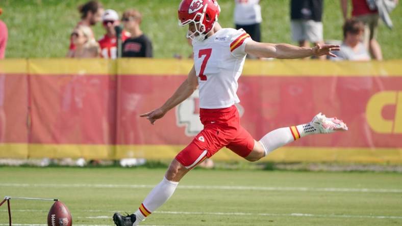 Jul 27, 2022; St. Joseph, MO, USA; Kansas City Chiefs kicker Harrison Butker (7) kicks during training camp at Missouri Western State University. Mandatory Credit: Denny Medley-USA TODAY Sports