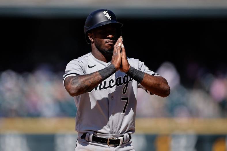 Jul 27, 2022; Denver, Colorado, USA; Chicago White Sox shortstop Tim Anderson (7) reacts in the seventh inning against the Colorado Rockies at Coors Field. Mandatory Credit: Isaiah J. Downing-USA TODAY Sports