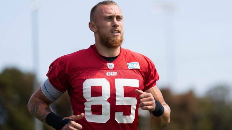 Jul 29, 2022; Santa Clara, CA, USA;  San Francisco 49ers tight end George Kittle (85) during training camp at the SAP Performance Facility near Levi Stadium. Mandatory Credit: Stan Szeto-USA TODAY Sports