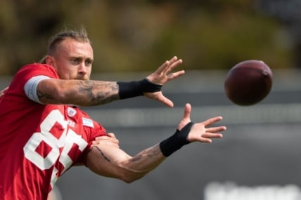 Jul 29, 2022; Santa Clara, CA, USA;  San Francisco 49ers tight end George Kittle (85) makes a catch during training camp at the SAP Performance Facility near Levi Stadium. Mandatory Credit: Stan Szeto-USA TODAY Sports