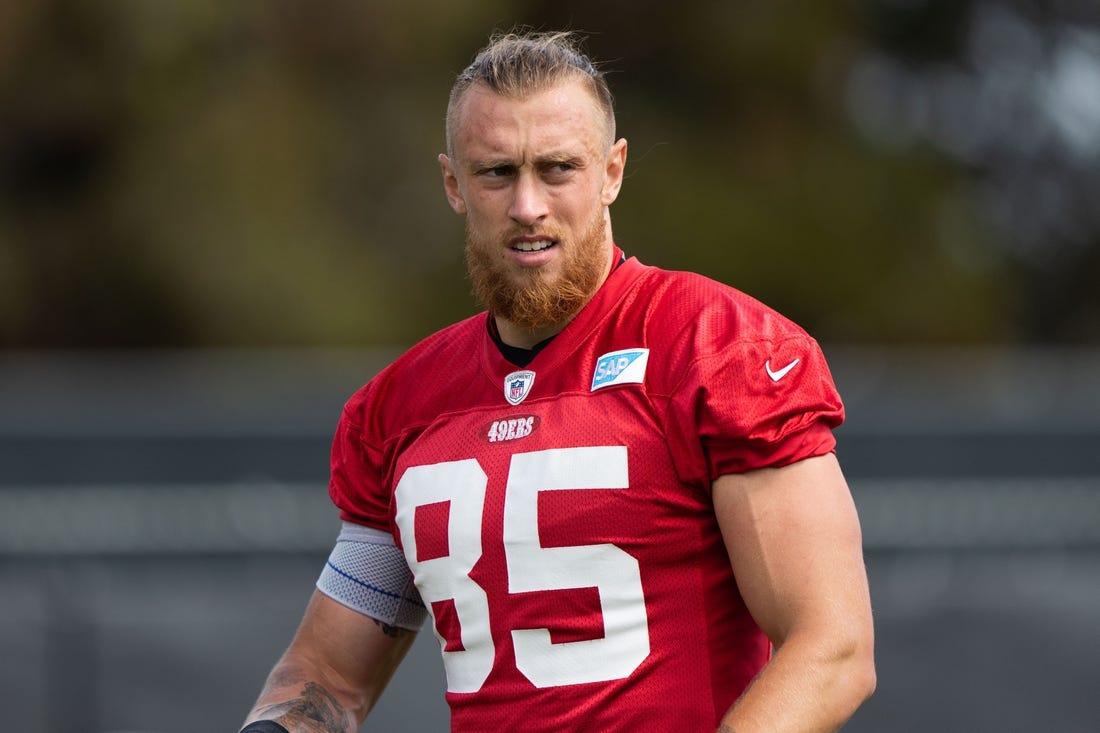 Jul 29, 2022; Santa Clara, CA, USA;  San Francisco 49ers tight end George Kittle (85) during training camp at the SAP Performance Facility near Levi Stadium. Mandatory Credit: Stan Szeto-USA TODAY Sports