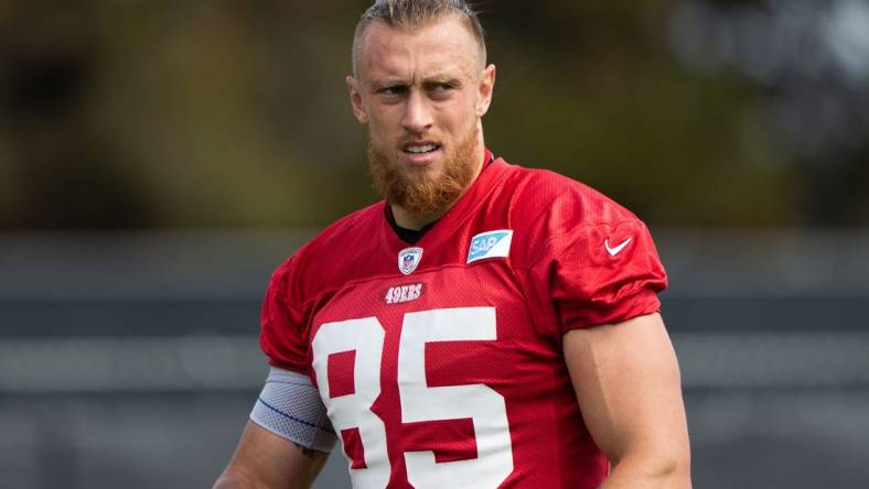 Jul 29, 2022; Santa Clara, CA, USA;  San Francisco 49ers tight end George Kittle (85) during training camp at the SAP Performance Facility near Levi Stadium. Mandatory Credit: Stan Szeto-USA TODAY Sports