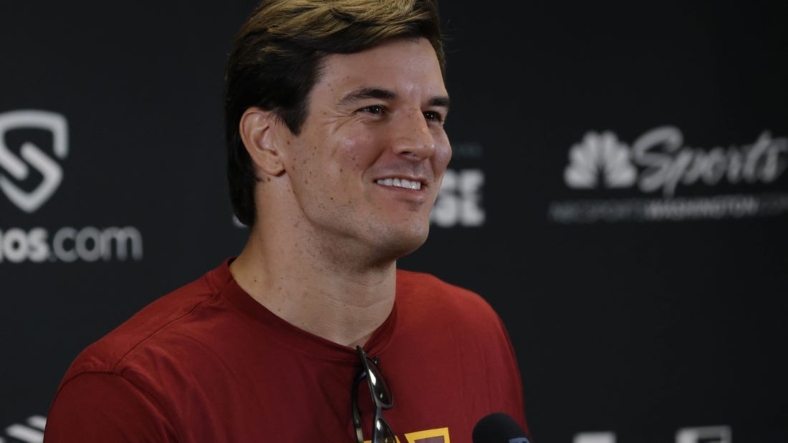 Jul 30, 2022; Ashburn, VA, USA; Former Washington player Ryan Kerrigan speaks at a press conference after announcing his retirement from the NFL prior to day four of Washington Commanders training camp at The Park in Ashburn. Mandatory Credit: Geoff Burke-USA TODAY Sports