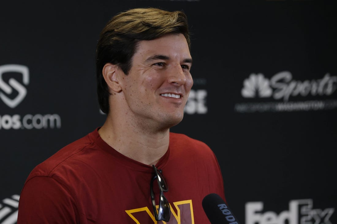 Jul 30, 2022; Ashburn, VA, USA; Former Washington player Ryan Kerrigan speaks at a press conference after announcing his retirement from the NFL prior to day four of Washington Commanders training camp at The Park in Ashburn. Mandatory Credit: Geoff Burke-USA TODAY Sports