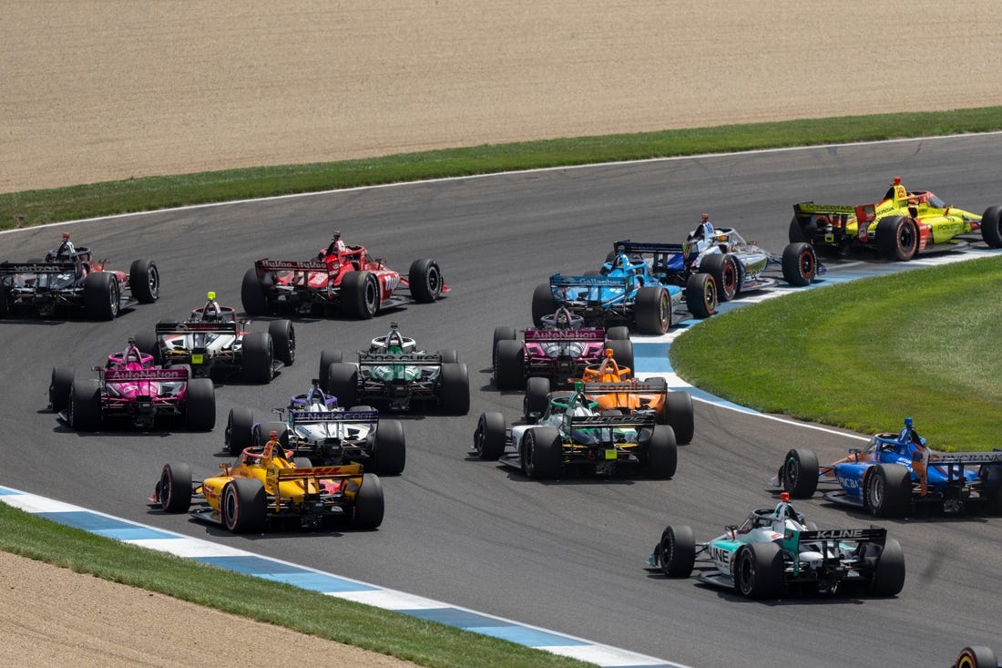 Cars on the track at the Indianapolis Motor Speedway, Saturday, July 30, 2022, during the Gallagher Grand Prix.