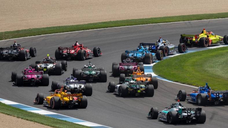 Cars on the track at the Indianapolis Motor Speedway, Saturday, July 30, 2022, during the Gallagher Grand Prix.