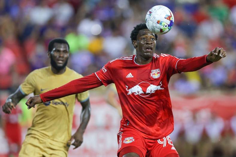 Jul 30, 2022; Harrison, New Jersey, USA; New York Red Bulls defender Hassan Ndam (98) plays the ball against FC Barcelona during the second half at Red Bull Arena. Mandatory Credit: Vincent Carchietta-USA TODAY Sports